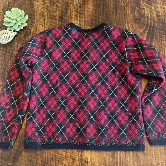 Talbots | Vintage 90’s Plaid Holiday Button Down Sweater, 100% Merino Wool - Picture 2 of 9